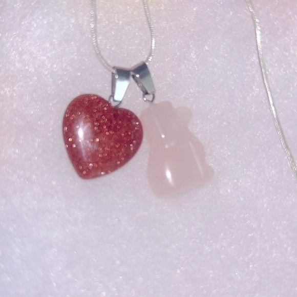 Boho Hippie Rose Quartz Crystal Dog and Goldstone Heart Silver 16” Necklace - Picture 6 of 6